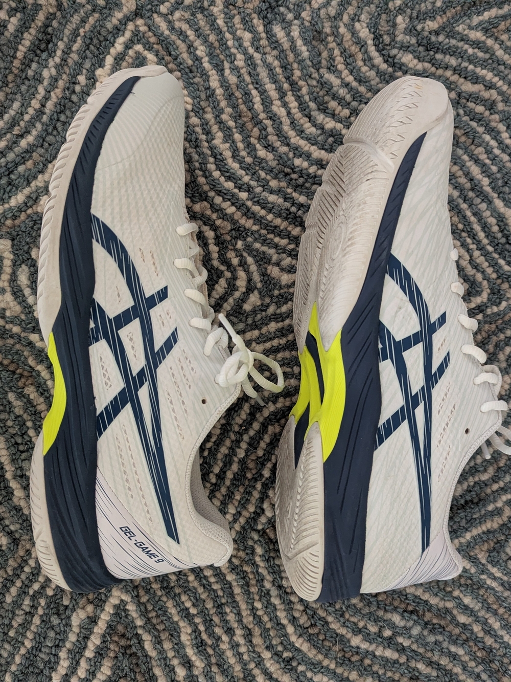 Men's Asics White Athletic Shoes with Navy and Neon Yellow Accents